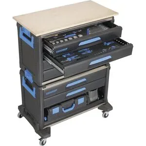 Werkzeugmobil WorkMo, Breite 845 mm, 6 Schubladen, HxT 1140 x 550 mm, mit Werkzeugsortiment 110-teilig GEDORE