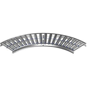 Leicht-Rollenbahn, Aluminiumrahmen mit Aluminiumrollen, Bahnbreite 300 mm, Kurve 90°, Innenradius 800 mm, Achsabstand 100 mm Gura