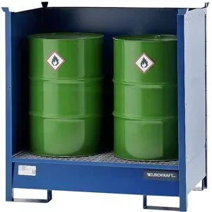 Fass-Auffangwanne für Transport und Lagerung, Rücken- und Seitenwände geschlossen, stapelbar, für 2 Fässer, blau eurokraft pro