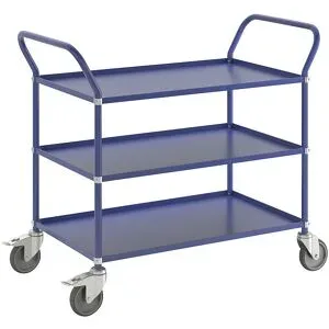 Leichter Etagenwagen Höhe 940 mm, mit 3 Metallböden, blau, 2 Lenkrollen mit Stopp Kongamek