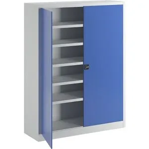Ball-Flügeltürschrank, Höhe 1950 mm, mit Vollblech-Türen, Breite 1500 mm, grau / blau Pavoy
