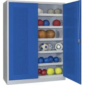 Ball-Flügeltürschrank, Höhe 1950 mm, mit Lochblech-Türen, Breite 1500 mm, grau / blau Pavoy