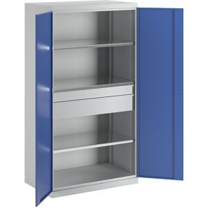 Materialschrank, Tiefe 650 mm, 3 Fachböden + 2 Schubladen, Türen blau eurokraft pro