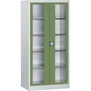 Sichtfenster-Flügeltürschrank, mit 4 Fachböden, HxB 1950 x 950 mm, Tiefe 420 mm, lichtgrau/resedagrün mauser
