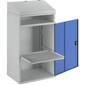 Industrie-Stehpult, mit offenem Fach über dem Schrank, Breite 650 mm, lichtgrau / enzianblau RAU