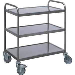 kaiserkraft Edelstahl-Servierwagen, 3 Etagen, verzinkte Rolle, Reifen aus Gummi, LxBxH 870 x 570 x 970 mm