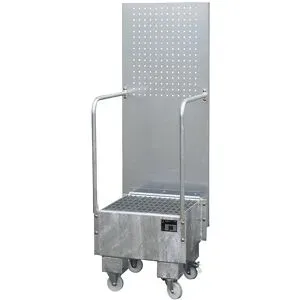 Fahrbare Auffangwanne mit Lochplattenwand, 1 x 60-l-Fass stehend, LxBxH 570 x 590 x 1775 mm, feuerverzinkt eurokraft pro