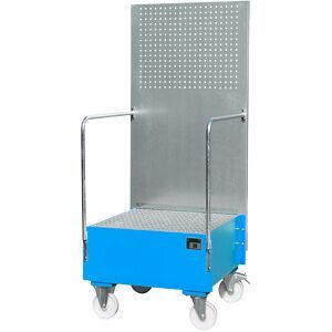 Fahrbare Auffangwanne mit Lochplattenwand, 1 x 200-l-Fass stehend, LxBxH 870 x 890 x 2110 mm, lichtblau eurokraft pro