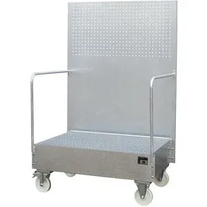 Fahrbare Auffangwanne mit Lochplattenwand, 2 x 200-l-Fass stehend nebeneinander, LxBxH 870 x 1290 x 2015 mm, feuerverzinkt eurokraft pro