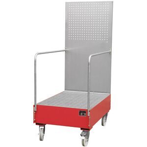 Fahrbare Auffangwanne mit Lochplattenwand, 2 x 200-l-Fass stehend hintereinander, LxBxH 1280 x 800 x 2015 mm, feuerrot eurokraft pro