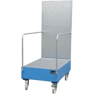 Fahrbare Auffangwanne mit Lochplattenwand, 2 x 200-l-Fass stehend hintereinander, LxBxH 1280 x 800 x 2015 mm, lichtblau eurokraft pro