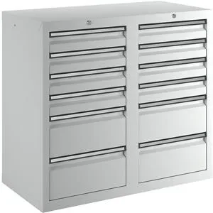 kaiserkraft Schubladenschrank, HxBxT 900 x 1000 x 500 mm, 8 Schubladen 100 mm, 4 Schubladen 200 mm hoch, Korpus und Schubladen grau