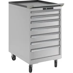 Schubladenschrank, Stahlblech, HxB 990 x 564 mm, 7 Schubladen, fahrbar, lichtgrau LISTA