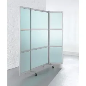 kaiserkraft Mobile Faltstellwand, schwer entflammbar, Alurahmen mit ESG-Sicherheitsglas, HxBxT 1900 x 2000 x 450 mm, satiniert