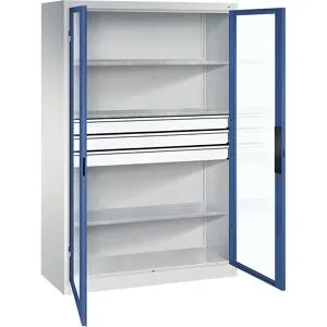 Sichtfenster-Flügeltürschrank, HxBxT 1950 x 1200 x 500 mm, 3 Fachböden, 3 Schubladen, lichtgrau / enzianblau C+P