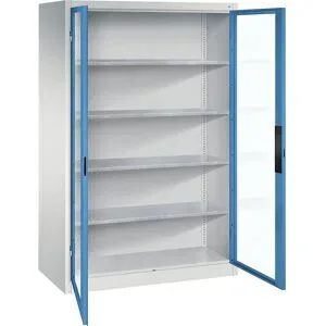 Sichtfenster-Flügeltürschrank, HxBxT 1950 x 1200 x 600 mm, 4 Fachböden, lichtgrau / lichtblau C+P