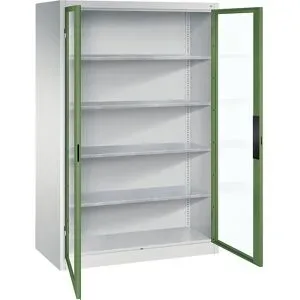 Sichtfenster-Flügeltürschrank, HxBxT 1950 x 1200 x 600 mm, 4 Fachböden, lichtgrau / resedagrün C+P