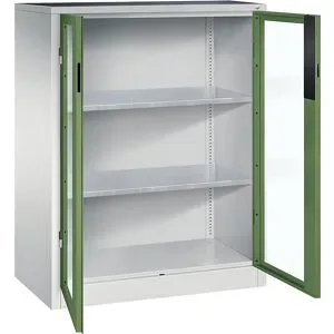 Sichtfenster-Flügeltürschrank, HxBxT 1200 x 930 x 500 mm, 2 Fachböden, lichtgrau / resedagrün C+P