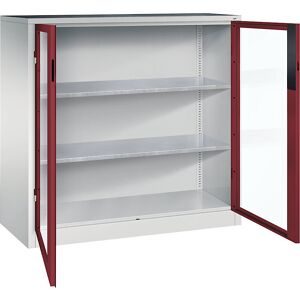 Sichtfenster-Flügeltürschrank, HxBxT 1200 x 1200 x 500 mm, 2 Fachböden, lichtgrau / rubinrot C+P