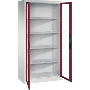 Sichtfenster-Flügeltürschrank, HxBxT 1950 x 930 x 500 mm, 4 Fachböden, lichtgrau / rubinrot C+P