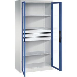 Sichtfenster-Flügeltürschrank, HxBxT 1950 x 930 x 500 mm, 3 Fachböden, 3 Schubladen, lichtgrau / enzianblau C+P