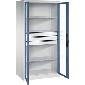 Sichtfenster-Flügeltürschrank, HxBxT 1950 x 930 x 600 mm, 3 Fachböden, 3 Schubladen, lichtgrau / fernblau C+P