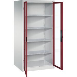 Sichtfenster-Flügeltürschrank, HxBxT 1950 x 930 x 800 mm, 4 Fachböden, lichtgrau / rubinrot C+P