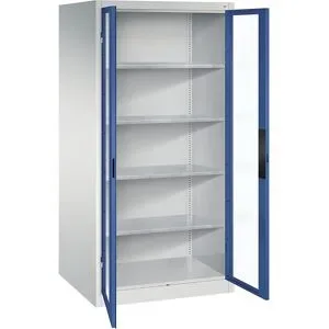 Sichtfenster-Flügeltürschrank, HxBxT 1950 x 930 x 800 mm, 4 Fachböden, lichtgrau / enzianblau C+P