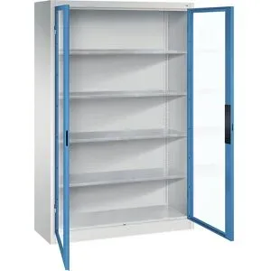 Sichtfenster-Flügeltürschrank, HxBxT 1950 x 1200 x 400 mm, 4 Fachböden, lichtgrau / lichtblau C+P