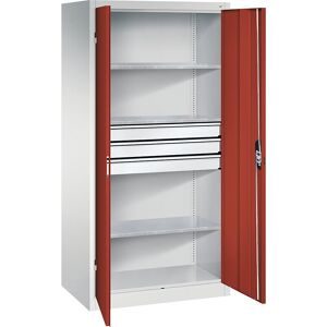 Werkstatt-Flügeltürschrank mit Schubladen, BxT 930 x 600 mm, 3 Fachböden, lichtgrau / rubinrot C+P