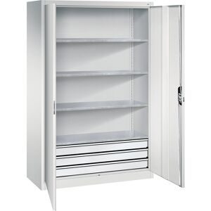 Werkstatt-Flügeltürschrank mit Schubladen, BxT 1200 x 600 mm, 4 Fachböden, lichtgrau / lichtgrau C+P