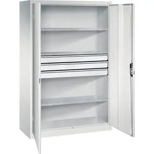 Werkstatt-Flügeltürschrank mit Schubladen, BxT 1200 x 500 mm, 3 Fachböden, lichtgrau / lichtgrau C+P