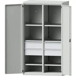 Schwerlastschrank aus Stahl, 6 Fachböden, 4 Schubladen 180 mm hoch, lichtgrau/lichtgrau eurokraft pro