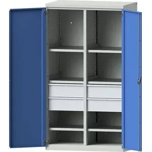 Schwerlastschrank aus Stahl, 6 Fachböden, 4 Schubladen 180 mm hoch, lichtgrau/lichtblau eurokraft pro