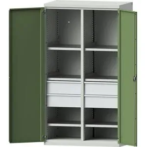 Schwerlastschrank aus Stahl, 6 Fachböden, 4 Schubladen 180 mm hoch, lichtgrau/resedagrün eurokraft pro