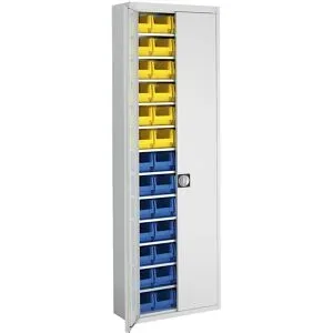 Magazinschrank mit Sichtlagerkästen, HxBxT 2150 x 680 x 280 mm, einfarbig, grau, 52 Kästen mauser