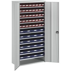 Magazinschrank, HxBxT 1970 x 1000 x 450 mm, mit Regalkästen, 40 Kästen rot, 24 Kästen blau STEMO
