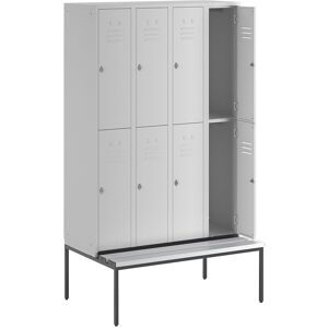 Doppelstock-Spind Berlin 2 Sitzbank, 4 Abteile, lichtgrau, Breite 1200 mm, 8 Fächer Wolf