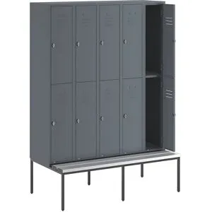 Doppelstock-Spind Berlin 2 Sitzbank, 5 Abteile, blaugrau, Breite 1500 mm, 10 Fächer Wolf