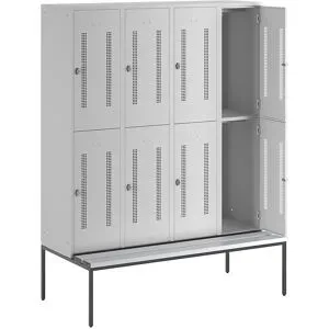 Doppelstock-Spind Berlin 1 Sitzbank, 4 Abteile, lichtgrau, Breite 1600 mm, 8 Fächer Wolf