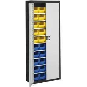 Magazinschrank mit Sichtlagerkästen, HxBxT 1740 x 680 x 280 mm, zweifarbig, Korpus schwarz, Türen grau, 40 Kästen mauser