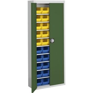 Magazinschrank mit Sichtlagerkästen, HxBxT 1740 x 680 x 280 mm, zweifarbig, Korpus grau, Türen grün, 40 Kästen mauser