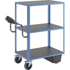 Etagenwagen CustomLine mit Elektroantrieb, 3 Etagen, lichtblau RAL 5012, Vollelastik eurokraft pro