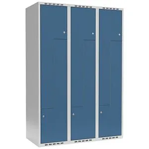 kaiserkraft Z-Spind Fydor, 3 Abteile, lichtgrau / brillantblau, B 1200 mm, 3 Abteile, flache Dachform, Zylinderschloss