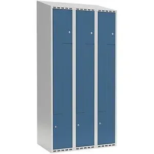 kaiserkraft Z-Spind Fydor, 3 Abteile, lichtgrau / brillantblau, B 900 mm, 3 Abteile, schräge Dachform, Zylinderschloss