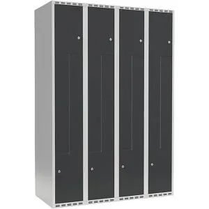 kaiserkraft Z-Spind Fydor, 4 Abteile, lichtgrau / anthrazit, B 1200 mm, 4 Abteile, flache Dachform, Zylinderschloss