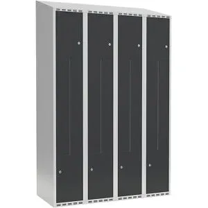 kaiserkraft Z-Spind Fydor, 4 Abteile, lichtgrau / anthrazit, B 1200 mm, 4 Abteile, schräge Dachform, Zylinderschloss