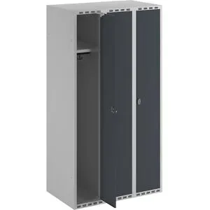 kaiserkraft Spind Fydor, 3 Abteile, lichtgrau / anthrazit, B 900 mm, flache Dachform, Vorhängeschloss
