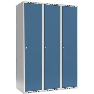 kaiserkraft Spind Fydor, 3 Abteile, lichtgrau / brillantblau, B 1200 mm, flache Dachform, Zylinderschloss