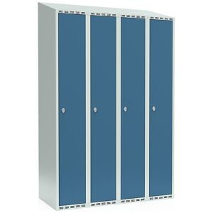 kaiserkraft Spind Fydor, 4 Abteile, lichtgrau / brillantblau, B 1200 mm, schräge Dachform, Vorhängeschloss